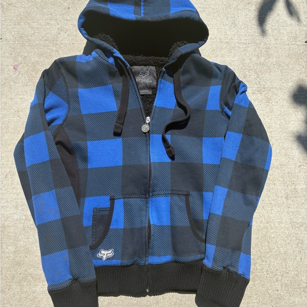 Y2K Vintage Fox Racing Blue & Black Plaid Sherpa-Lined Zip Up Hoodie
